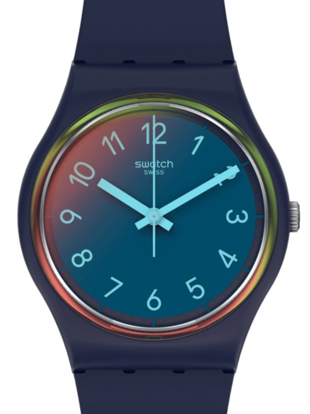 Swatch Navy Blue Watch with Multicolor Gradient Bezel